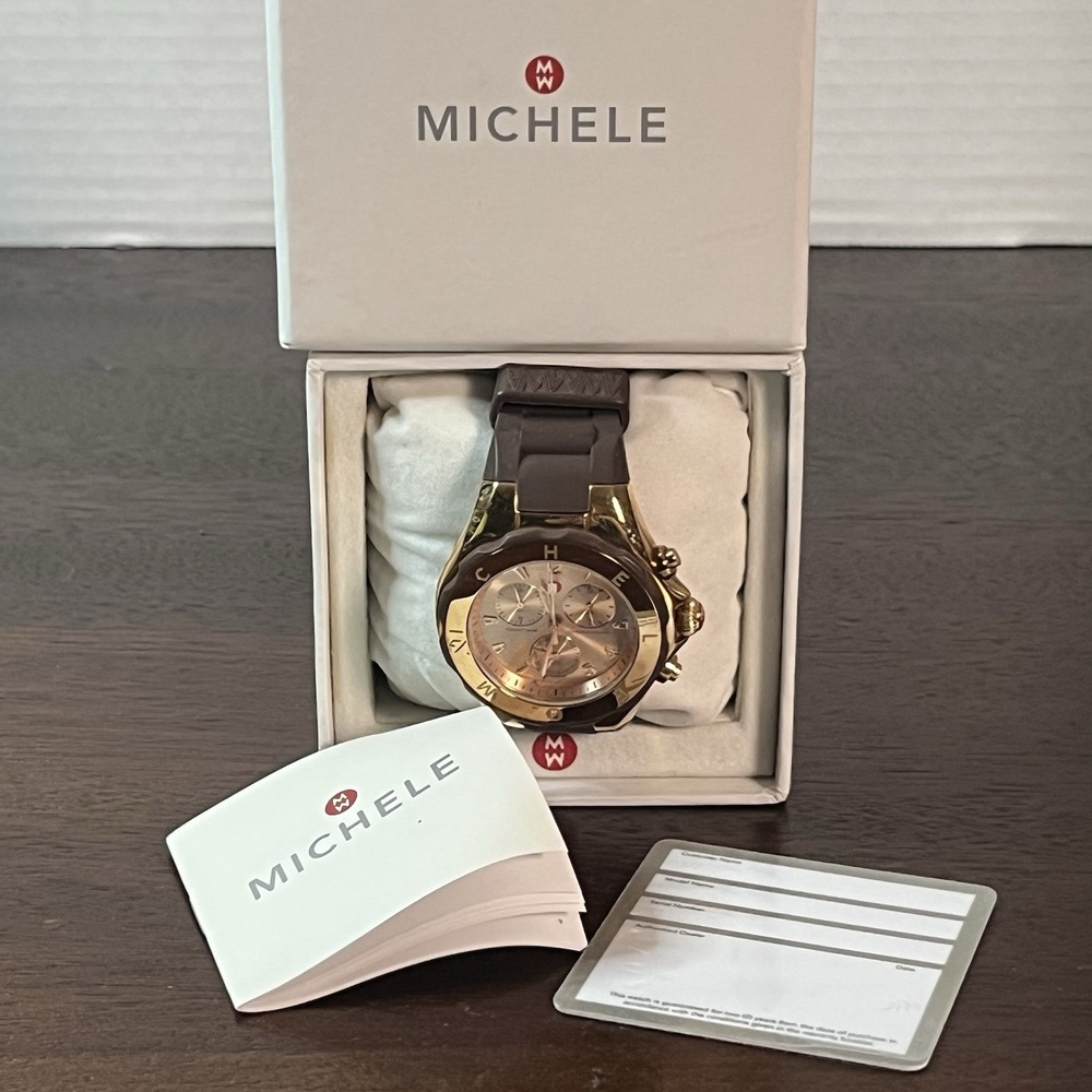 Michele Jelly Bean Tahitian Brown Rose Gold Chronograph 40mm Watch MWW12F000060